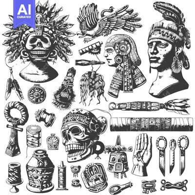 A Collection of Ancient Aztec Art Objects and Symbols