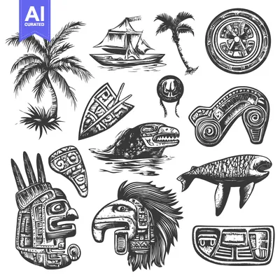 A Collection of Ancient Mayan and Aztec Art and Cultural Elements