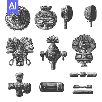 Aset desain premium: A Collection of Ancient Mayan Artifacts in Black and White