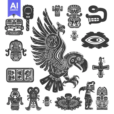A Collection of Ancient Mesoamerican Glyphs and Symbolic Figures
