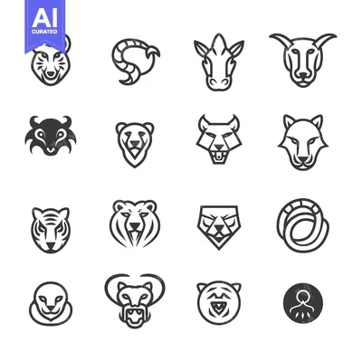 Aset premium populer: A Collection of Animal Head and Body Icons in Black and White