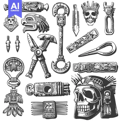 A Collection of Aztec and Mayan Inspired Tribal Ornaments and Weaponry