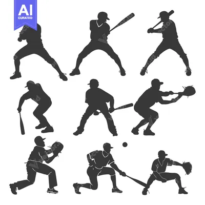 Aset premium populer: A Collection of Baseball Player Silhouettes in Various Poses