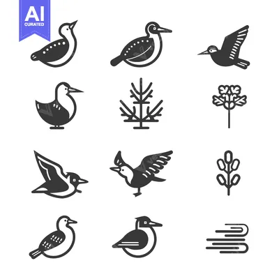 Aset premium populer: A Collection of Bird and Plant Icons in a Minimalist Style