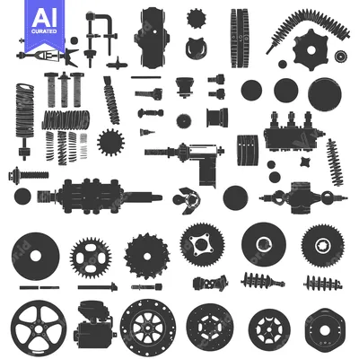 Aset premium populer: A Collection of Black and White Automotive Parts Illustrations