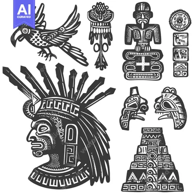 Aset premium populer: A Collection of Black and White Aztec-Inspired Illustrations