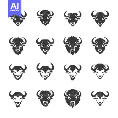 Aset premium populer: A Collection of Black and White Buffalo Head Silhouettes in Various St