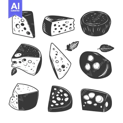 Aset desain premium: A Collection of Black and White Cheese and Sausage Illustrations