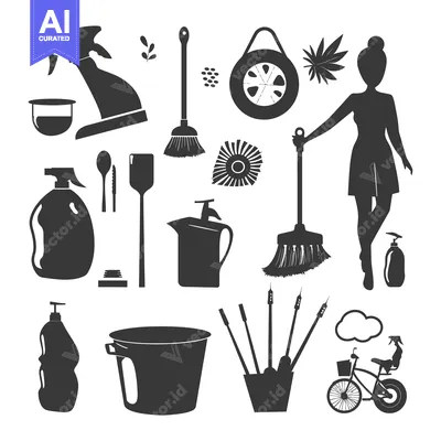 Aset premium populer: A Collection of Black and White Cleaning and Household Silhouettes