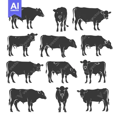 Aset premium populer: A Collection of Black and White Cow Silhouettes in Various Poses