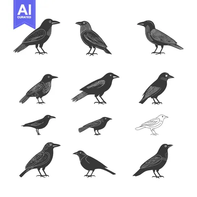 Aset premium populer: A Collection of Black and White Crow Illustrations