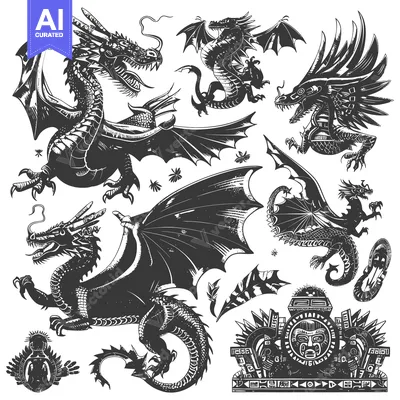 Aset premium populer: A Collection of Black and White Dragon Illustrations