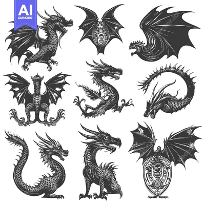 Aset premium populer: A Collection of Black and White Dragon Illustrations