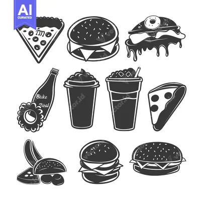 Aset premium populer: A Collection of Black and White Fast Food Illustrations