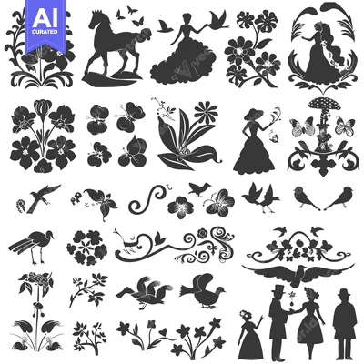 Premium design asset: A Collection of Black and White Floral and Figurine Silhouettes