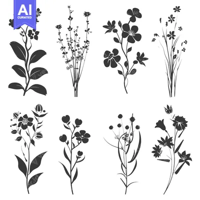 Aset desain premium: A Collection of Black and White Floral Silhouettes