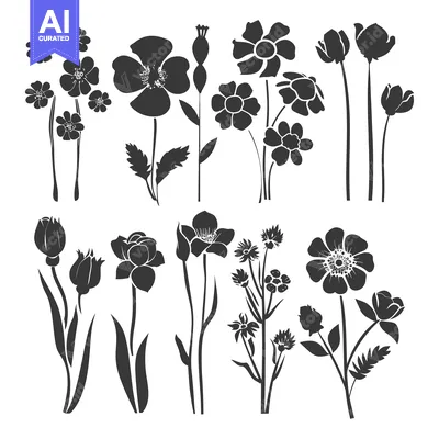 Aset premium populer: A Collection of Black and White Flower Silhouettes