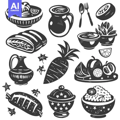 Aset desain premium: A Collection of Black and White Food Illustrations