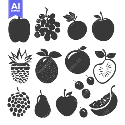 Aset desain premium: A Collection of Black and White Fruit Silhouettes