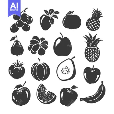 Aset desain premium: A Collection of Black and White Fruit Silhouettes