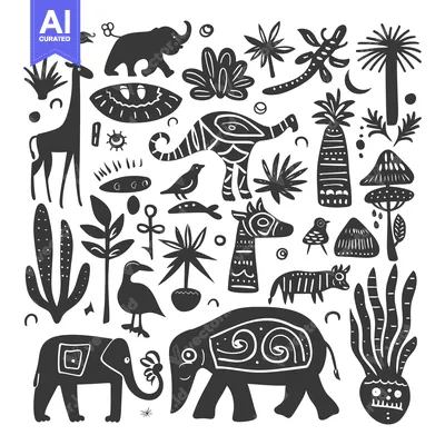 Premium design asset: A Collection of Black and White Hand-Drawn African Animals and Plants