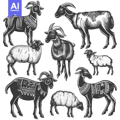 Aset premium populer: A Collection of Black and White Hand-Drawn Goats and Sheep