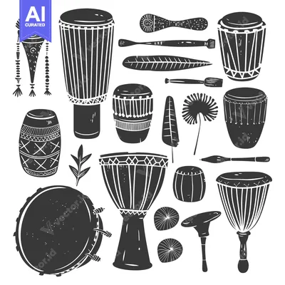 Aset premium populer: A Collection of Black and White Hand-Drawn Percussion Instruments