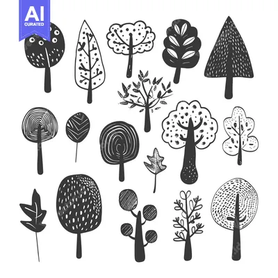 A Collection of Black and White Hand-Drawn Tree Illustrations