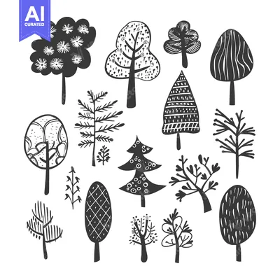 Aset desain premium: A Collection of Black and White Hand-Drawn Trees with Various Styles