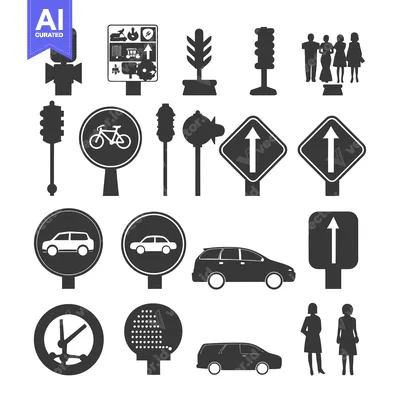 Aset desain premium: A Collection of Black and White Icons Depicting Various City and Traff