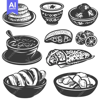 Aset premium populer: A Collection of Black and White Illustrations Depicting Various Foods