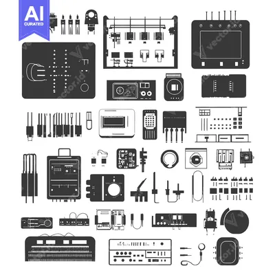 Aset premium populer: A Collection of Black and White Illustrations of Electronic Components
