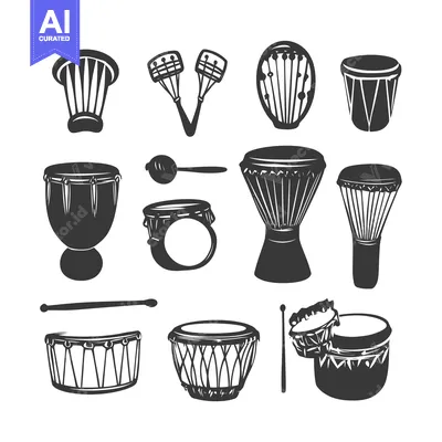 Aset premium populer: A Collection of Black and White Illustrations of Various Drums