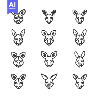 Aset premium populer: A Collection of Black and White Kangaroo Head Icons in Various Styles