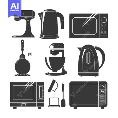 Aset desain premium: A Collection of Black and White Kitchen Appliance Silhouettes