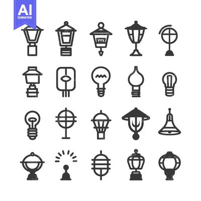 Aset desain premium: A Collection of Black and White Lamp and Lightbulb Icons