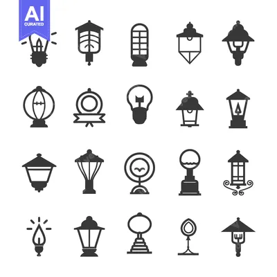 Aset desain premium: A Collection of Black and White Lightbulb and Lamp Icons