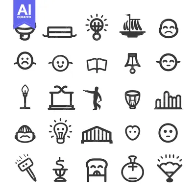Aset desain premium: A Collection of Black and White Line Art Icons with Various Subjects