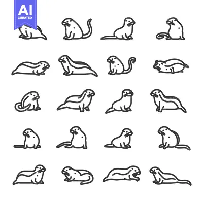 Aset premium populer: A collection of black and white line drawings of otters in different p