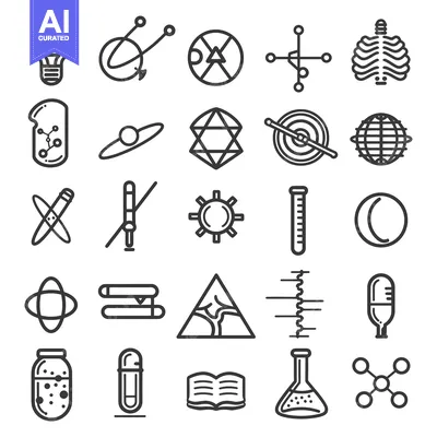 Aset desain premium: A Collection of Black and White Line Drawings of Science-Related Icons