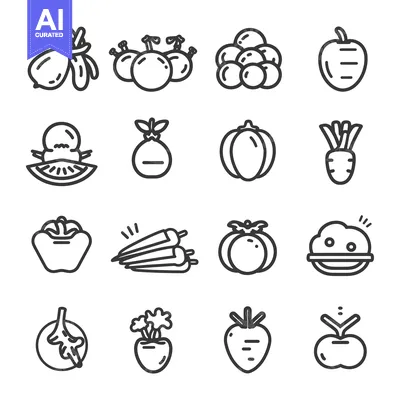 Popular premium asset: A Collection of Black and White Line Drawings of Various Fruits and Ve