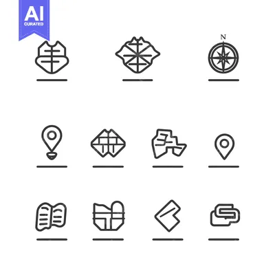 A Collection of Black and White Line Icons Related to Navigation and M