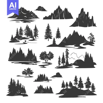 Aset premium populer: A Collection of Black and White Mountain and Forest Silhouettes