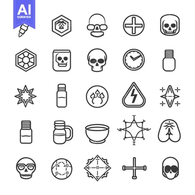 Premium design asset: A Collection of Black and White Outline Icons Depicting Skulls, Geomet