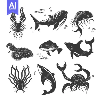 Popular premium asset: A Collection of Black and White Sea Creatures Silhouettes