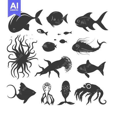 Premium design asset: A Collection of Black and White Sea Creatures Silhouettes