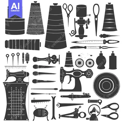 Aset desain premium: A Collection of Black and White Sewing Tools and Equipment
