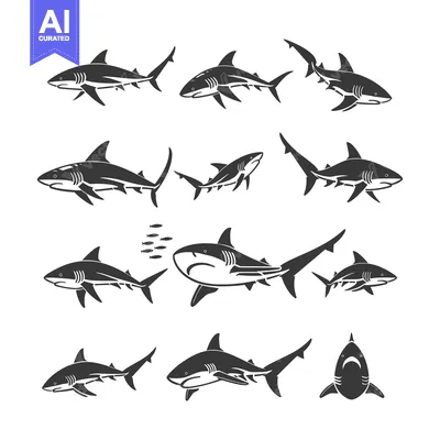 A Collection of Black and White Shark Silhouettes in Various Poses