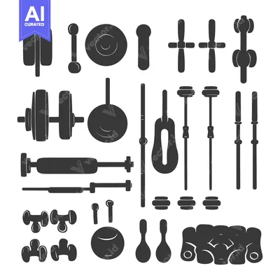 Aset desain premium: A Collection of Black and White Silhouette Fitness Equipment Icons