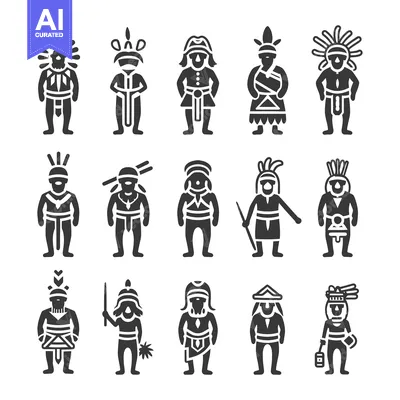 Aset premium populer: A Collection of Black and White Silhouettes Depicting Indigenous Peopl